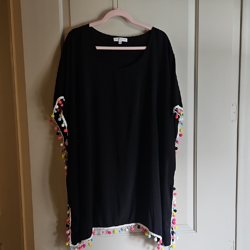 Chic Soul Black Pom-Pom Trim Swim Coverup